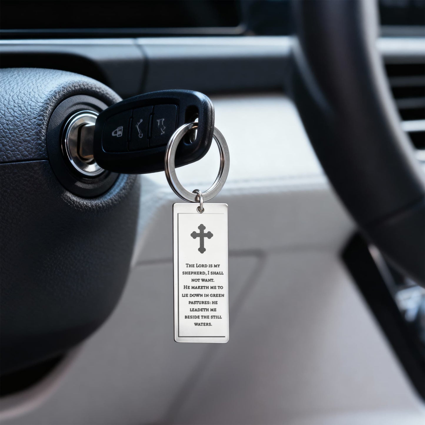 Cross Engraved Rectangle Keychain