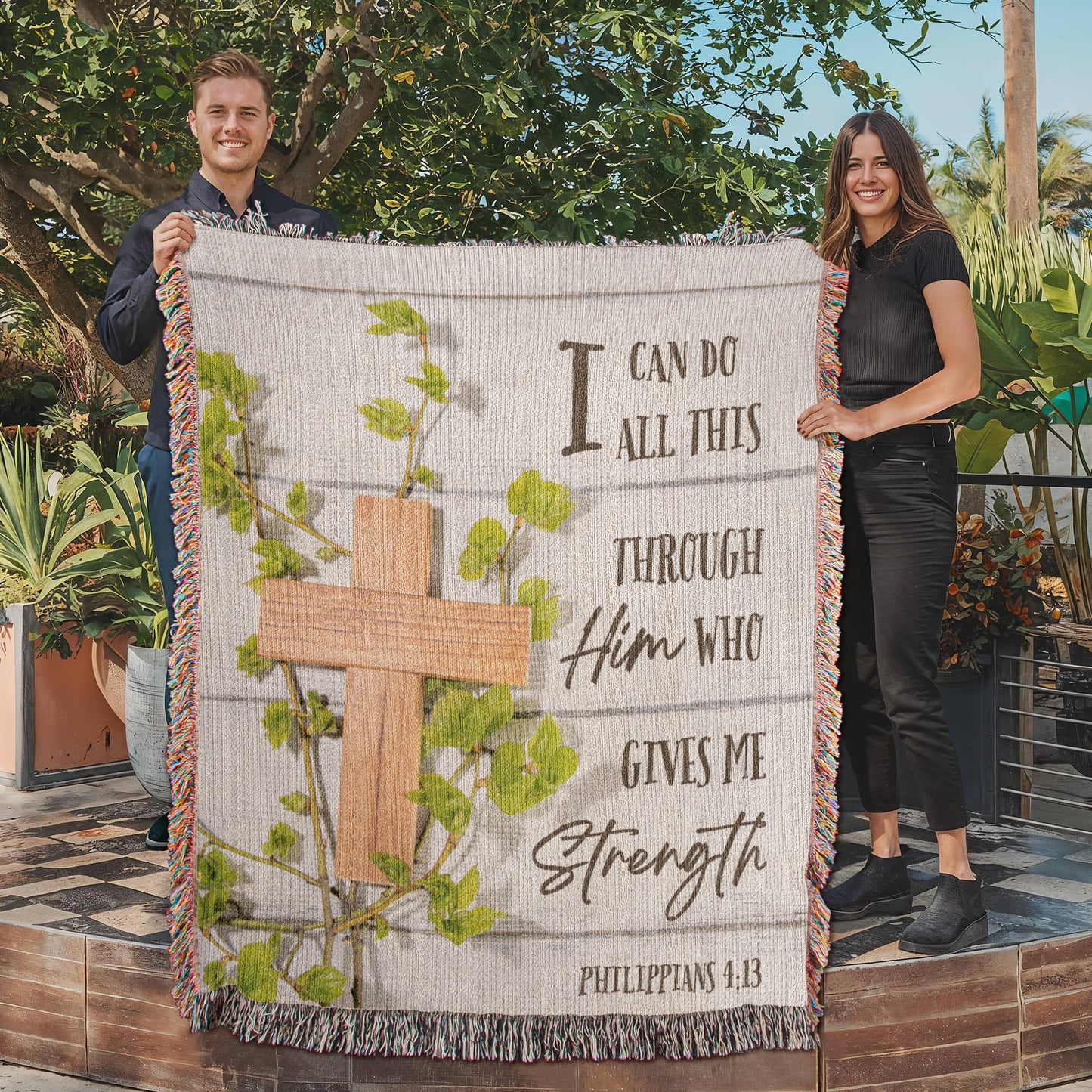 Heirloom Woven Blanket with Biblical Scripture from Philippians 4:13 "I can do all this through Him who gives me strength"