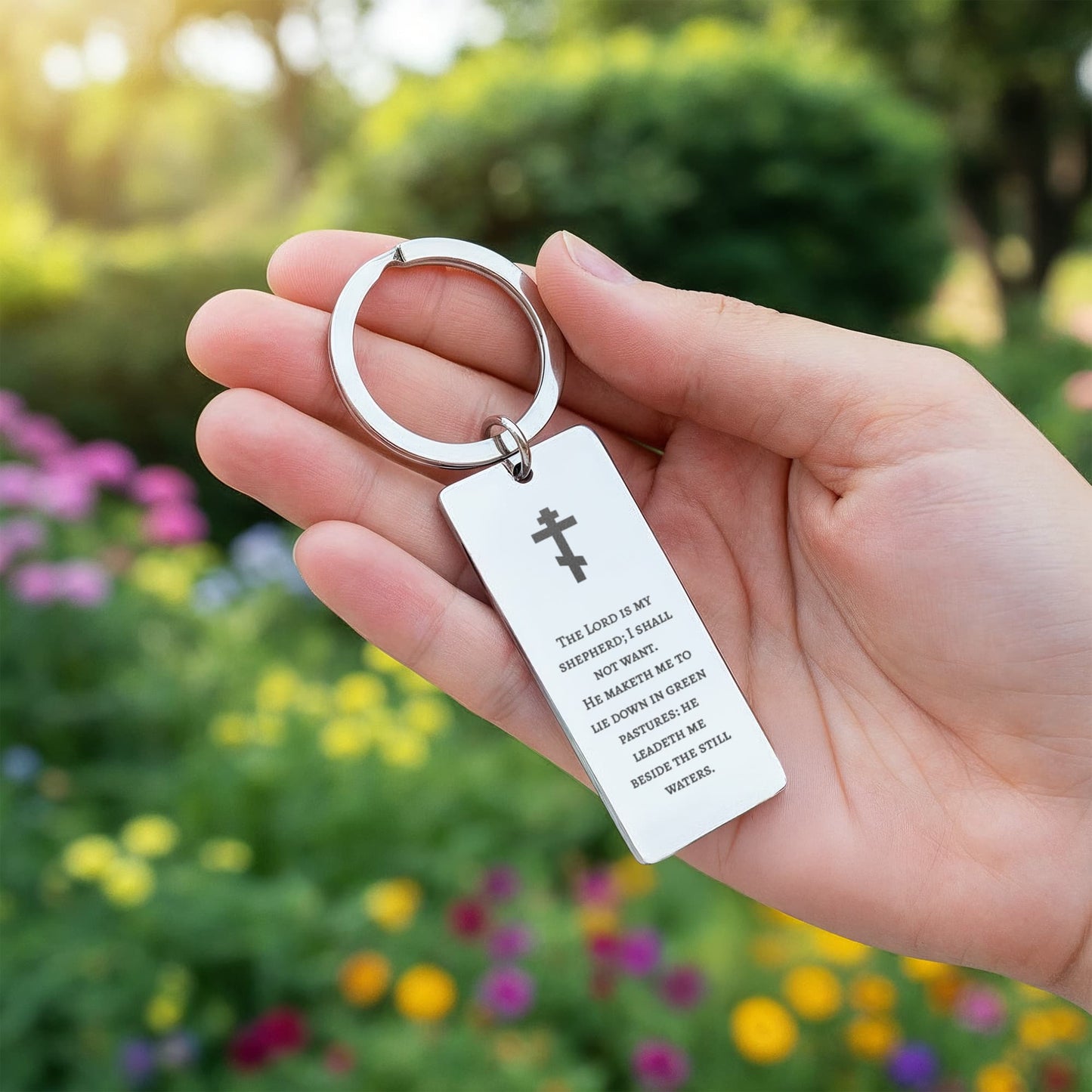 Orthodox Cross Rectangle Engraved Keychain