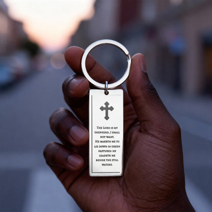 Cross Engraved Rectangle Keychain