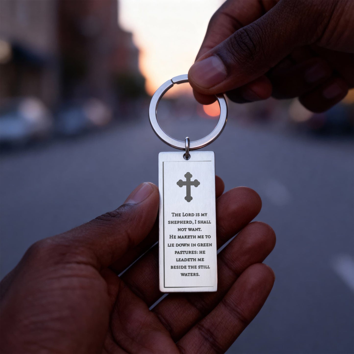 Cross Engraved Rectangle Keychain