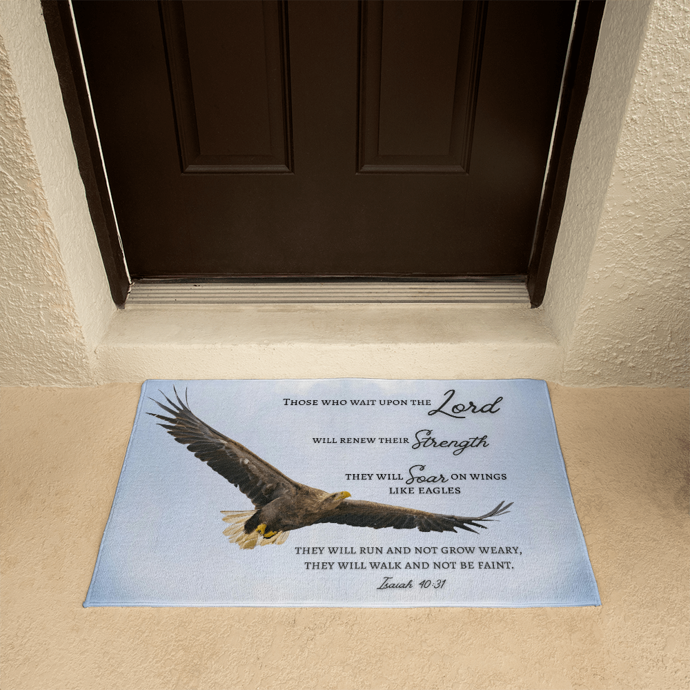 Welcome Mat with Biblical Scripture from Isaiah 40:31 " Those who wait upon the Lord... soar like eagles"