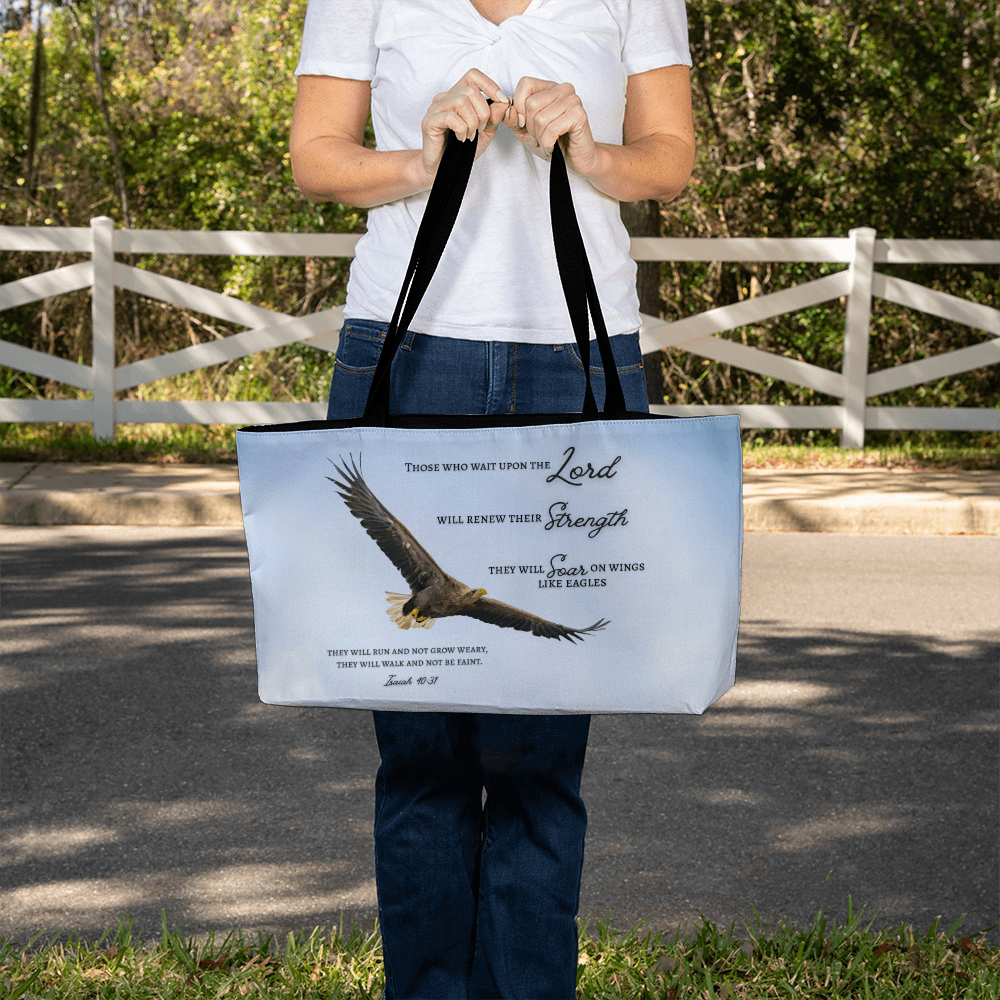 Weekender Tote Bag with Biblical Scripture from Isaiah 40:31 "Those who wait upon the Lord.. will soar like eagles"