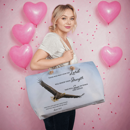 Weekender Tote Bag with Biblical Scripture from Isaiah 40:31 "Those who wait upon the Lord.. will soar like eagles"