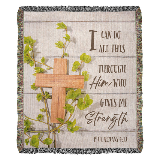 Heirloom Woven Blanket with Biblical Scripture from Philippians 4:13 "I can do all this through Him who gives me strength"